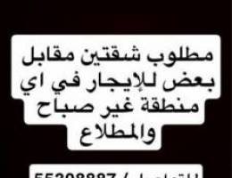  مطلوب شقتين مقابل بعض للإيجار معاريس في اي منطقة غير المطلاع وصباح 